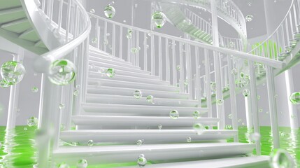 Fototapeta premium A surreal, white spiral staircase descends into a green, reflective pool, with translucent spheres floating in the air and water
