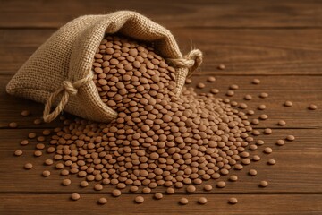 Obraz premium Close-up of a brown lentil placed on a wooden tabletop