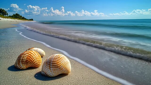 Tranquil beach scene with seashells gentle waves and blue sky scenic coastal landscape
