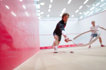 Fototapeta premium Two men playing an intense squash match on a brightly lit indoor court, with one player reaching for the ball near the front wall