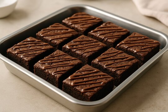 Tray of freshly baked brownies ready to serve
