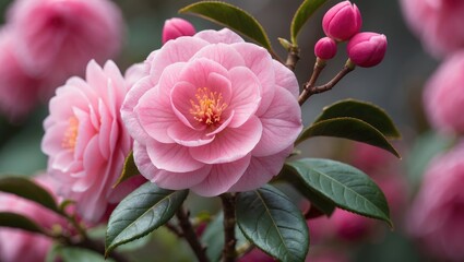 Pink sasanqua Camellia in full bloom