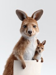 Fototapeta premium An ultra detailed 8k 3D cartoon showcases a kangaroo mother and her joey looking out from her pouch in a heartwarming depiction of familial bond and protection.