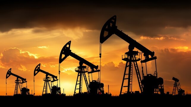 Oil pumpjacks silhouetted against a dramatic sunset sky, highlighting energy extraction and industrial landscapes
