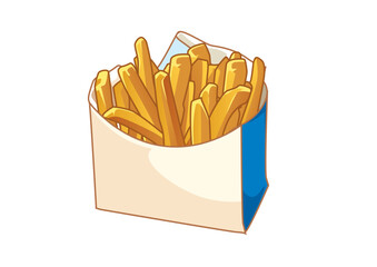 Crispy golden french fries served in a paper container with a blue accent, perfect for casual snacks.