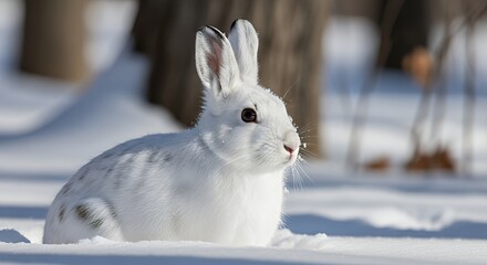 Close-up of a Snowshoe Hare sitting in fresh white snow during a bright winter day