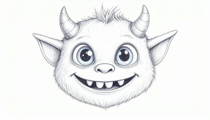 Fototapeta premium A cheerful, furry, white monster with horns smiles broadly.