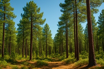 Bright daylight in a pine forest