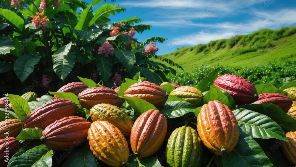 Poster snapshot showcasing a cocoa farm featuring numerous cocoa pods
