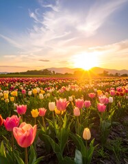 Sunset illuminates a vibrant field of blooming colorful tulips, creating a beautiful landscape.