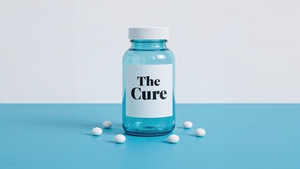 Healing pills and a bottle set on a blue surface with a plain white background