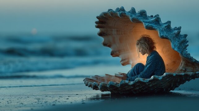 Woman Meditating in Giant Seashell on Twilight Beach with Candlelight, Symbolizing Serene Escape, Inner Journey, and Dreamy Coastal Solitude - Powered by Adobe