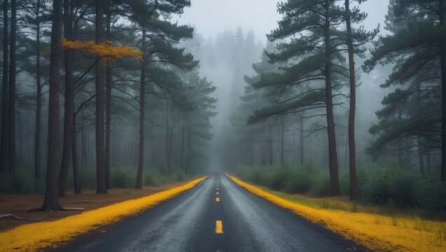A scenic forest pathway surrounded by tall pine trees, shrouded in morning fog. The ground shows patches of yellow with a touch of green grass along the sides.