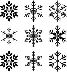 PrBeautiful black and white snowflake designs, intricate winter patterns, perfect for holiday decorations, seasonal graphics, festive artwork, vector illustrationsint