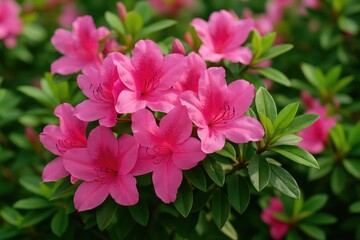 Fototapeta premium Bright pink flowering azaleas and rhododendrons amidst vibrant green leaves