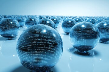 Rows of reflective blue spheres feature binary code, symbolizing digital data, technology, and global information networks
