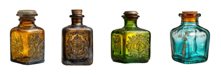 Vintage glass bottles collection product PNG set, cut out, isolated on transparent background