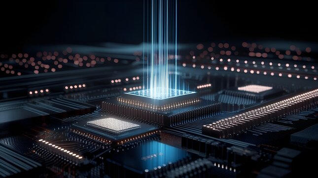 Cybernetic chip landscape with a central CPU tower that emits white-blue pulses, and surrounding data rails that blink with real-time binary transitions, all within a dark chrome and carbon