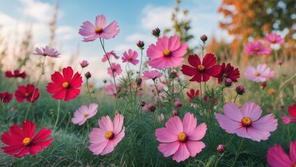 A gentle display of pink and crimson cosmos flowers in a softly focused setting