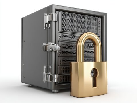 A secure server is protected by a large golden padlock, symbolizing data security and protection