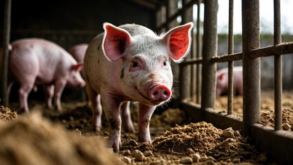 A pig in its enclosure anticipating feeding time. Portrait of a pig.