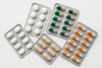 Medicinal pills and capsules arranged in blister packs against a white background