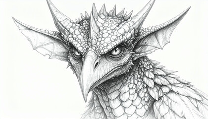 Intense pencil sketch of a fantastical, reptilian creature with sharp features and spiky horns.