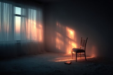 Empty Room Bathed in Golden Light Rays from Window - Solitude, Hope, Minimalist Interior, Tranquil Atmosphere, Chair and Book