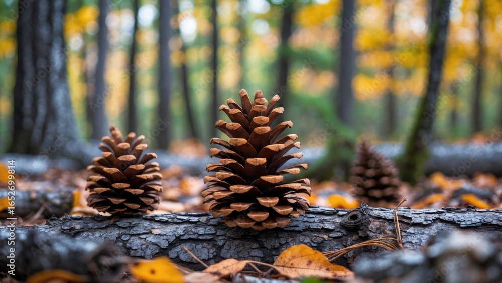 Poster forest during fall with a pine cone on display