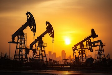 Oil pumpjacks silhouetted against a vibrant sunset skyline, highlighting energy production and industrial landscape