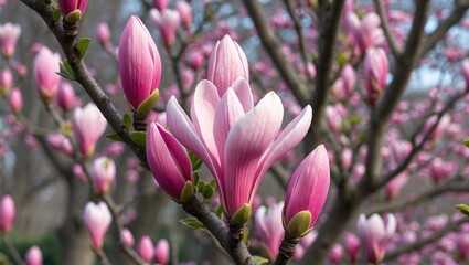 Fototapeta premium Blooming pink flower buds on a deciduous tree during spring