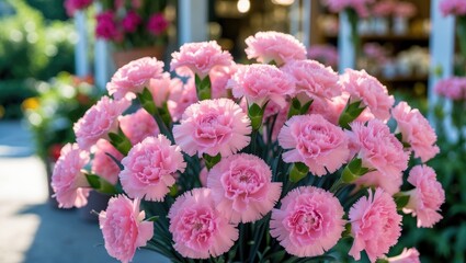Obraz premium Display of Dianthus caryophyllus flowers outside a flower shop
