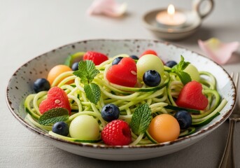 Photo of a closeup, romantic view of a healthy gourmet fruit and zucchini noodle dish, artfully arranged with berries, melon, and mint, illuminated by soft candlelight and scattered rose petals