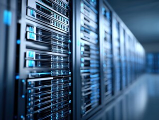 A modern data center with rows of illuminated server racks and high-performance computing equipment in a cool, blue-lit environment