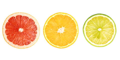 Obraz premium Fresh citrus fruit slices on white background