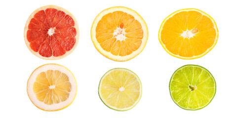 Fototapeta premium Fresh citrus fruits slices on white background