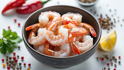 Cooking ingredient featuring shrimp in a bowl with pepper for seafood dishes