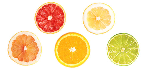 Fresh citrus fruit slices on white background