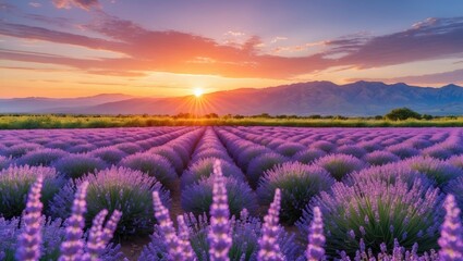 Obraz premium Lavender farm illuminated by evening light during summer