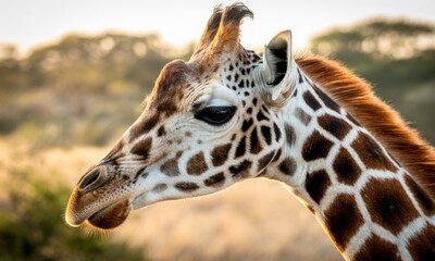 Obraz premium Close-up of a giraffe's profile at sunset