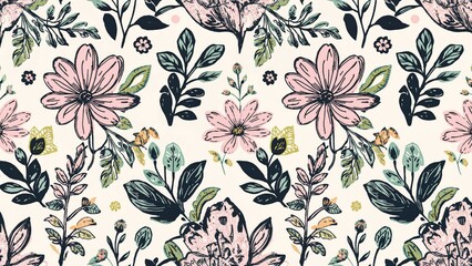 Continuous pattern featuring stylized flowers and foliage