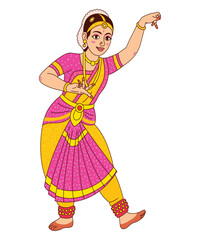 Colorful vector of an Indian woman performing Bharatanatyam classical dance pose in traditional costume