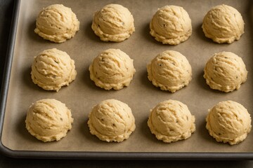 Cookie dough scoops of vanilla flavor set on a parchment-lined baking sheet, awaiting oven time