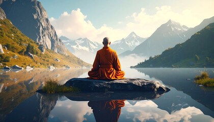 A monk meditating by a serene lake in majestic mountains