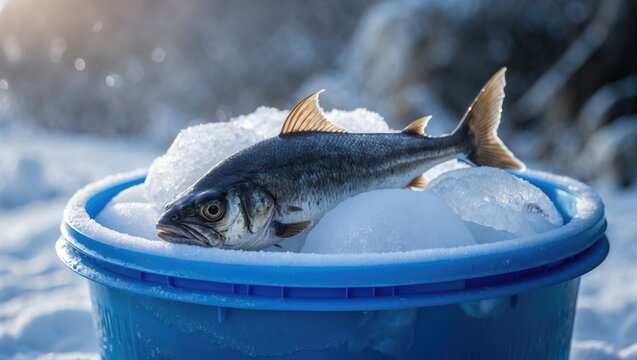 Blue bucket-packed frozen Scomberomorus fish