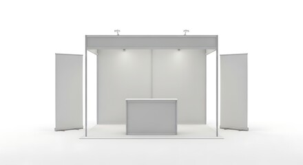 Minimalist white trade show booth with rollup banners on a clean white background
