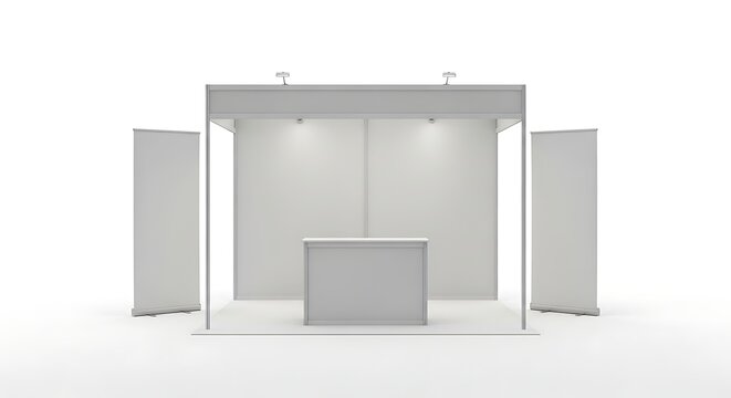 Minimalist white trade show booth with rollup banners on a clean white background