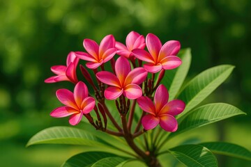 Garden scene featuring blooming pink Plumeria blossoms