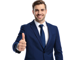 “Confident Businessman in Suit Giving Thumbs Up Gesture, isolated on transparent background”.