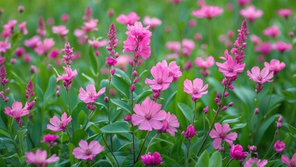 Obraz premium Pink floral display in the grassy landscape